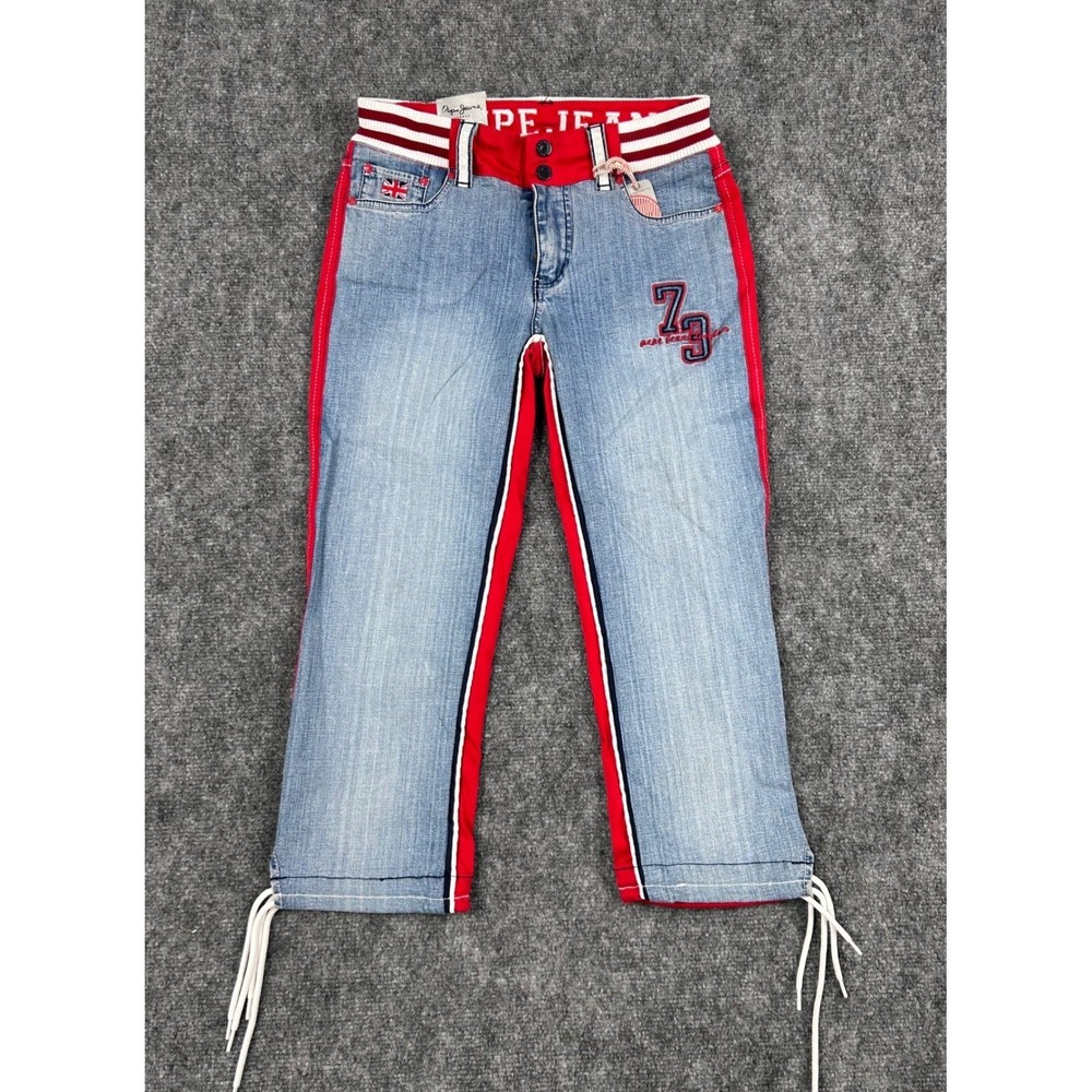 VTG‎ Pepe Jeans London Two Tone Red Blue Cropped Jeans Size 26 Embroidered NWT